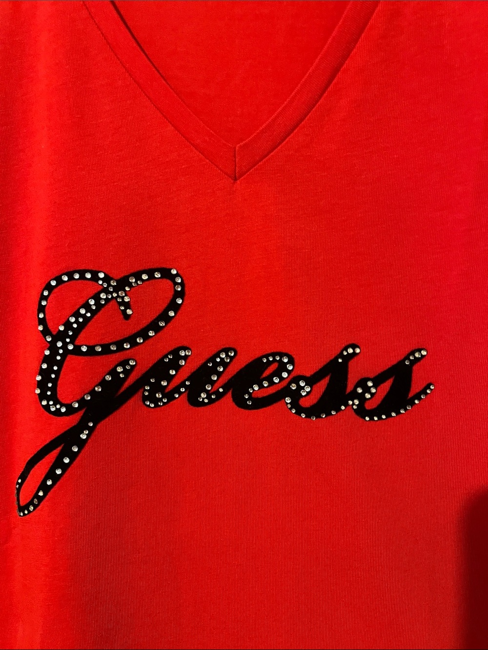 Guess Red V-Neck Script Logo Tee with Rhinestones